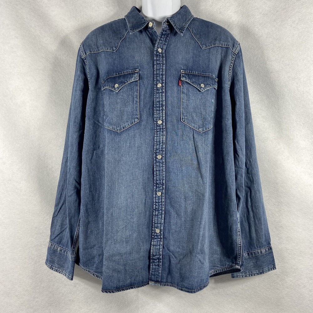 Levi's Denim Shirt Men's XL Blue Pearl Snap Long Sleeve The‎ Western New